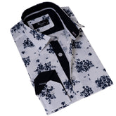 White Navy Floral Digital Men's  Slim Fit Designer Dress Shirt - Tailored Cotton Shirts for Work and Casual Wear